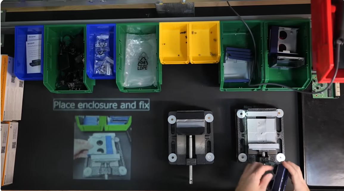 Workstation mat projection and digital step validation displaying Place enclosure and fix